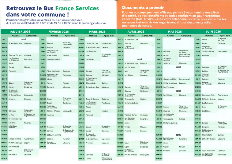 Calendrier bus France services 2026